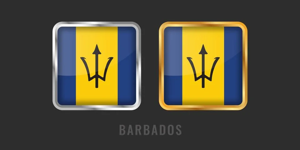 Barbados Flag Square 3D Button Set in Gold and Silver Metallic Frames Illustrazione stock