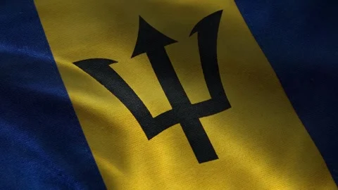 Barbados flag waving macro with black trident emblem on gold band, blue stripes Vídeos de archivo 339548074