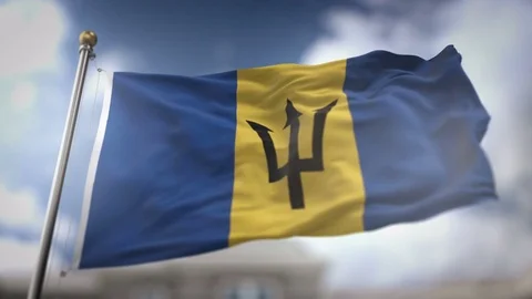 Barbados Flag Waving Slow Motion 3D Rendering Blue Sky Background - Seamles.. Stock Footage 74860895