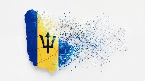 Barbados map flag breaking into small digital squares abstract technology c.. Stock Illustration