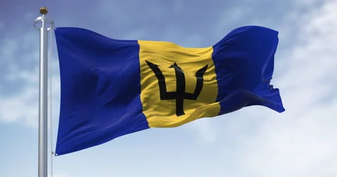 Barbados national flag with Broken Trident waving in sky. 3D render Stock Footage 306880681