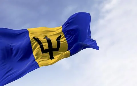 Barbados national flag with Broken Trident waving in sky. 3D render Illustrazione stock