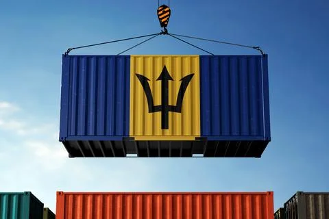 Barbados trade cargo container hanging against clouds background Stock Illustration