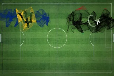 Barbados vs Libya Soccer Match, national colors, national flags, soccer field Stock Illustration