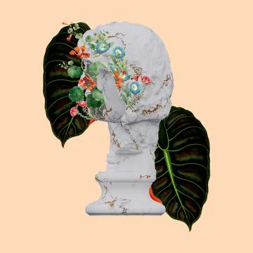 Barbarian Chief statues 3d render, collage with flower petals compositions .. Illustration