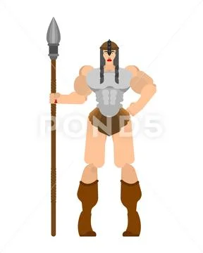 Barbarian woman. Lady viking. Strong female Warrior with weapons Big blade. b Stock Illustration