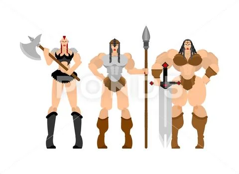 Barbarian woman set. Lady viking. Strong female Warrior with weapons Big blad Stock Illustration