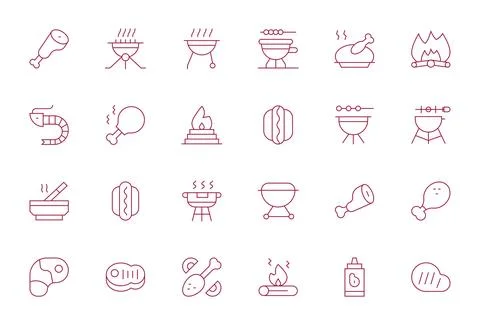 Barbecue 128x128 Vector Icon Pack with 24 Thin Line Pixel Aligned Elements 스톡 일러스트