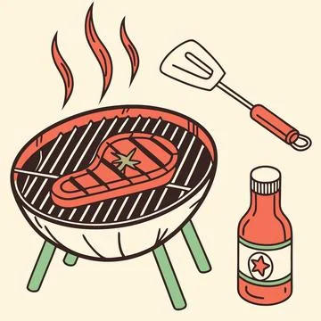 Barbecue and Grilling Equipment Vector Set with Meat and Tools Stock Illustration