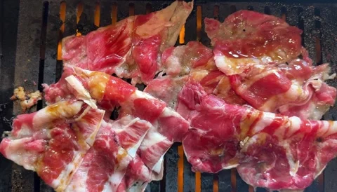 Barbecue Beef Slices on Open Flame Grill 動画素材 346008334
