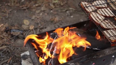 Barbecue with bread grilling on twigs Stock Footage 70797618