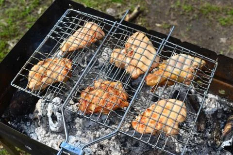 Barbecue chicken over an open fire in  summer Stock Photos