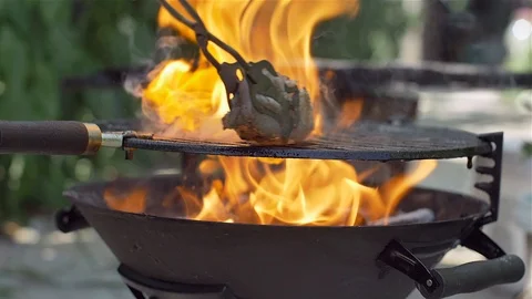 Barbecue in close-up fire, grill Stock Footage 114077896