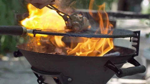 Barbecue in close-up fire, grill Stock Footage 114078016