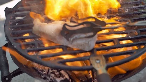 Barbecue in close-up fire, grill Stock Footage 114078104
