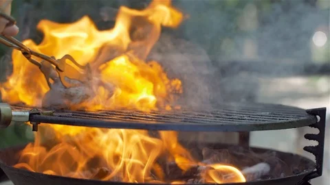 Barbecue in close-up fire, grill Stock Footage 114078279