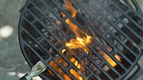 Barbecue in close-up fire, grill Stock Footage 114078315