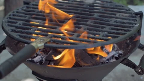 Barbecue in close-up fire, grill Stock Footage 114078385