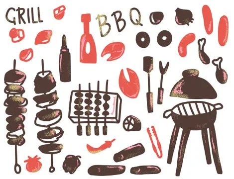 Barbecue collection in flat style with text. BBQ set with handdrawn lettering Stock Illustration