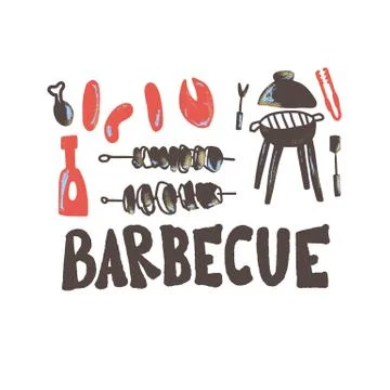 Barbecue composition with text. BBQ set with handdrawn lettering. Cookout sym Illustrazione stock