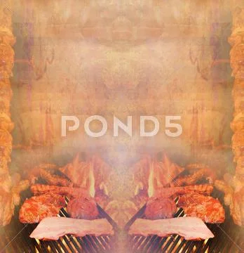 Barbecue with delicious grilled meat ,abstract vintage frame Stock Illustration