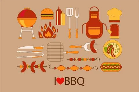 Barbecue design elements. Grill, kitchen utensils, hamburger, hot dog, chef hat Stock Illustration
