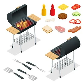 Barbecue design elements. Grill summer food. Picnic cooking device. Flat Stock Illustration