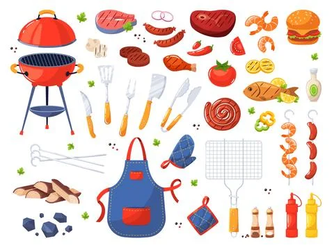 Barbecue elements. Cartoon roasted meat and vegetables, bbq picnic party Illustrazione stock
