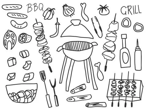 Barbecue elements in doodle style with text isolated on white background. BBQ Stock Illustration