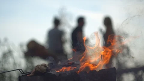 Barbecue. fire is burning. people in the background. cooking on fire. Stock-Footage 113271735