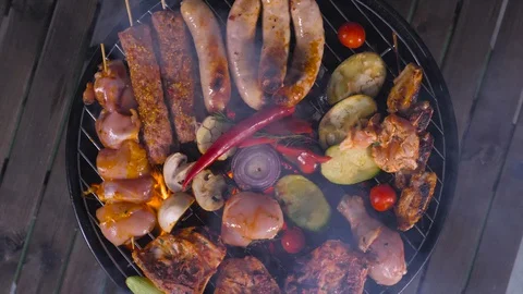 Barbecue Fire Pit with Glowing Embers and Smoke Close-up Shot 05 Stock Footage 128179688