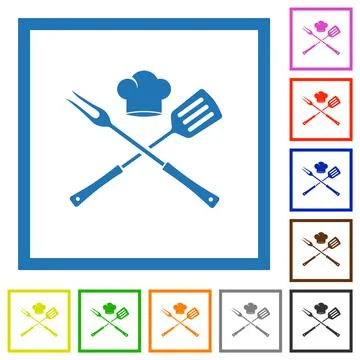 Barbecue fork and spatula with chef hat flat framed icons Stock Illustration
