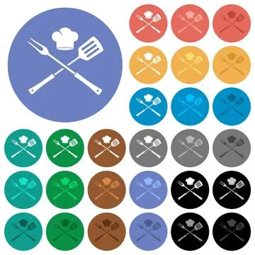 Barbecue fork and spatula with chef hat round flat multi colored icons Stock Illustration