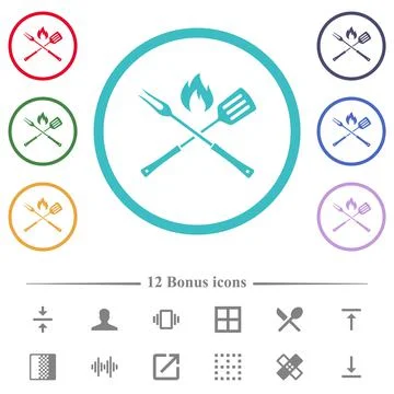 Barbecue fork and spatula with flame flat color icons in circle shape outline Illustrazione stock