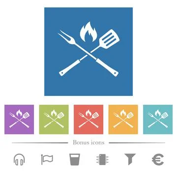 Barbecue fork and spatula with flame flat white icons in square backgrounds Illustrazione stock