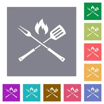 Barbecue fork and spatula with flame square flat icons Illustrazione stock