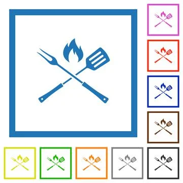 Barbecue fork and spatula with flame flat framed icons Illustrazione stock