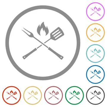 Barbecue fork and spatula with flame flat icons with outlines Illustrazione stock