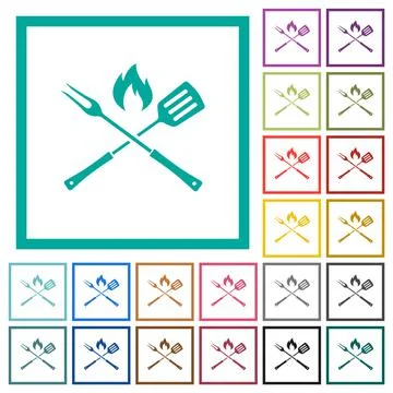 Barbecue fork and spatula with flame flat color icons with quadrant frames 스톡 일러스트