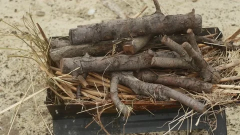 Barbecue full of chopped branches ready to be fired up Vídeos de archivo 171600896