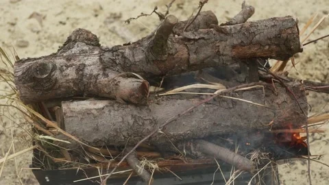 Barbecue full of chopped thick branches starting to burn close-up Vídeos de archivo 171600895