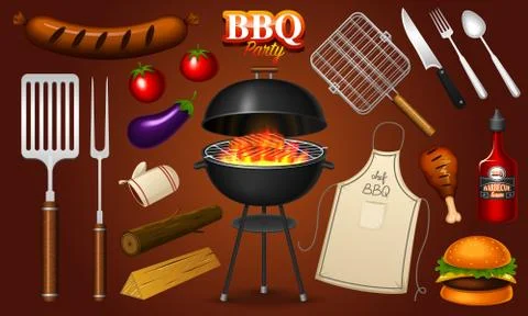 Barbecue grill elements set isolated on red background. BBQ party. Summer time Stock Illustration