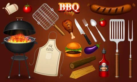 Barbecue grill elements set isolated on red background. BBQ party. Summer time Stock Illustration