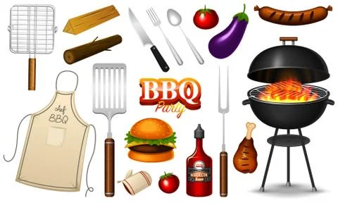 Barbecue grill elements set isolated on red background. BBQ party. Summer time Stock Illustration
