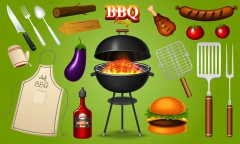 Barbecue grill elements set isolated on red background. BBQ party. Summer time イラスト素材