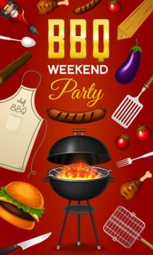Barbecue grill elements set isolated on red background. BBQ party poster. Summer Stock Illustration