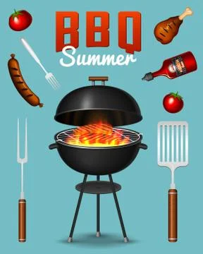 Barbecue grill elements set isolated on red background. BBQ party poster. Summer Stock Illustration