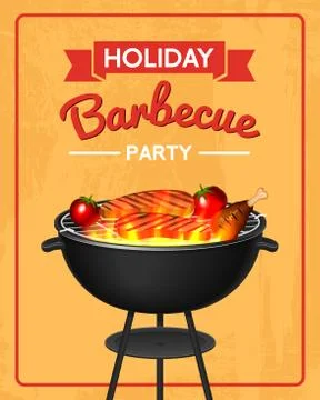 Barbecue grill elements set isolated on red background. BBQ party poster. Summer Stock Illustration