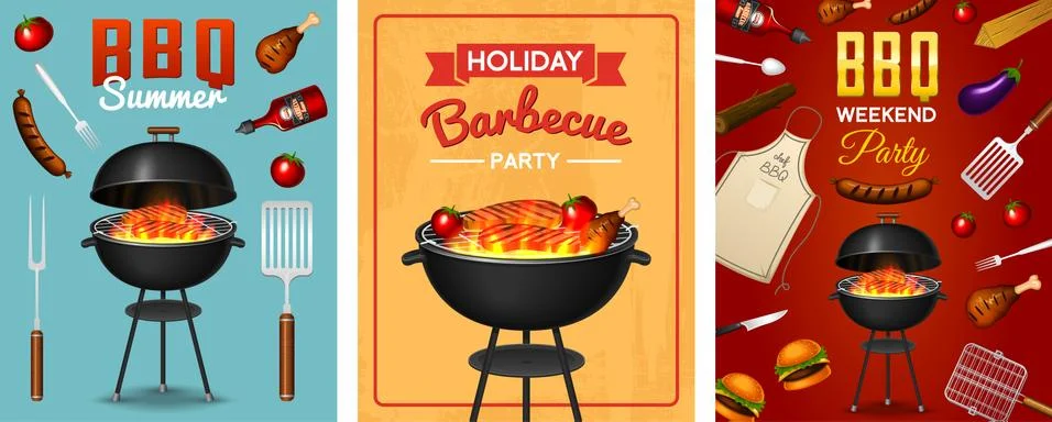 Barbecue grill elements set isolated on red background. BBQ party poster. Summer Stock Illustration