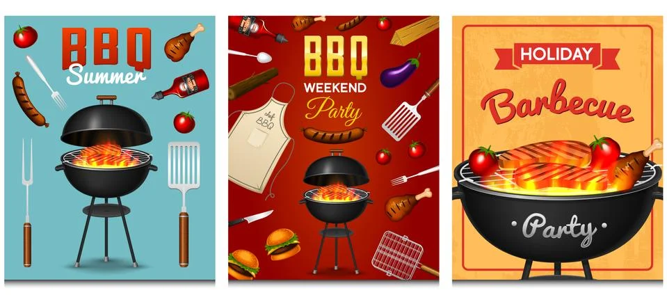 Barbecue grill elements set isolated on red background. BBQ party poster. Summer Stock Illustration